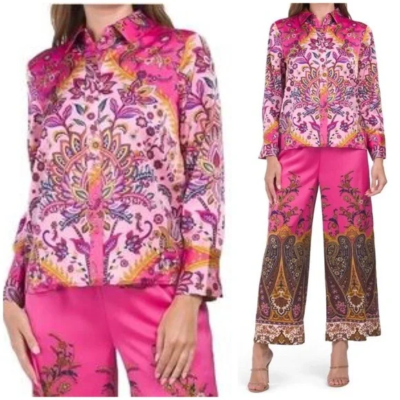 Rachel Zoe Satin Floral Paisley Button Down Blouse in Pink Multi Size S NWT - Picture 2 of 16